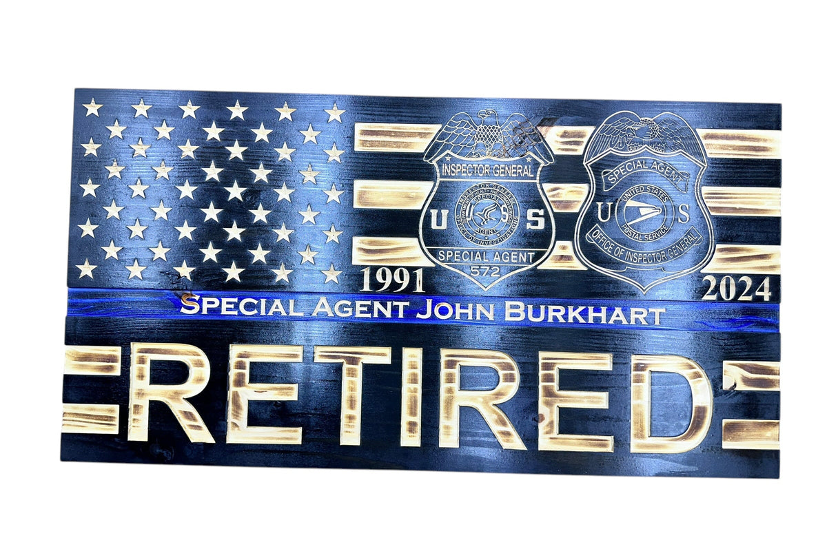 Personalized Thin Blue Line Police Flag with Engraved Badge