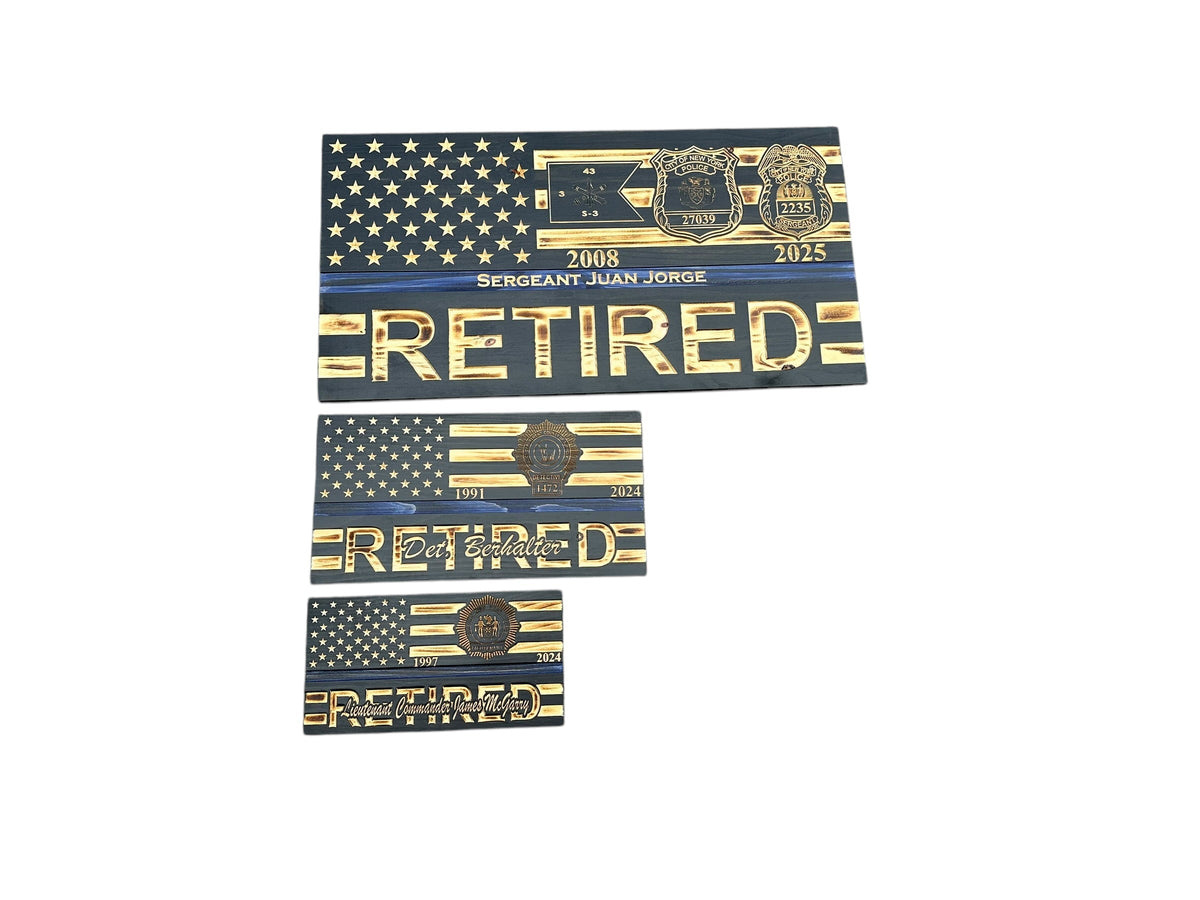 Personalized Police Retirement Wooden Flag with Engraved Badges