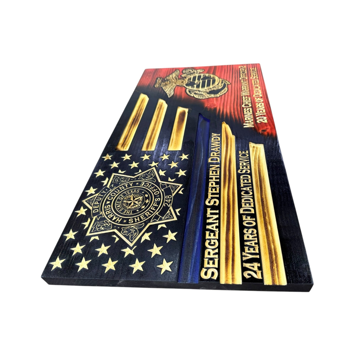 Custom Split Wooden American Flag with Engraved Badge
