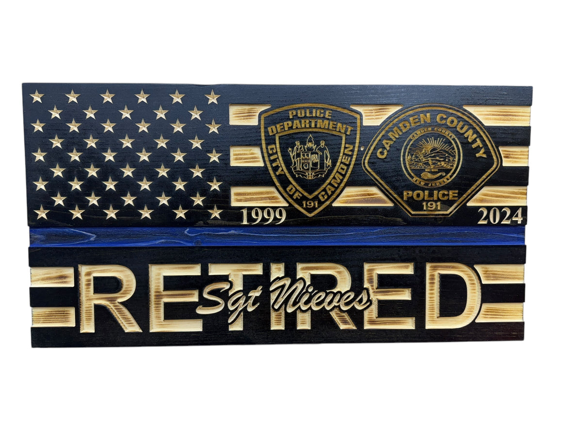Personalized Police Retirement Wooden Flag with Engraved Badges
