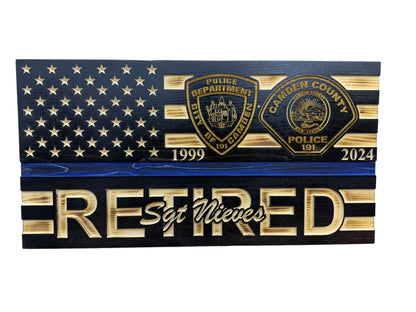 Personalized Police Retirement Wooden Flag with Engraved Badges