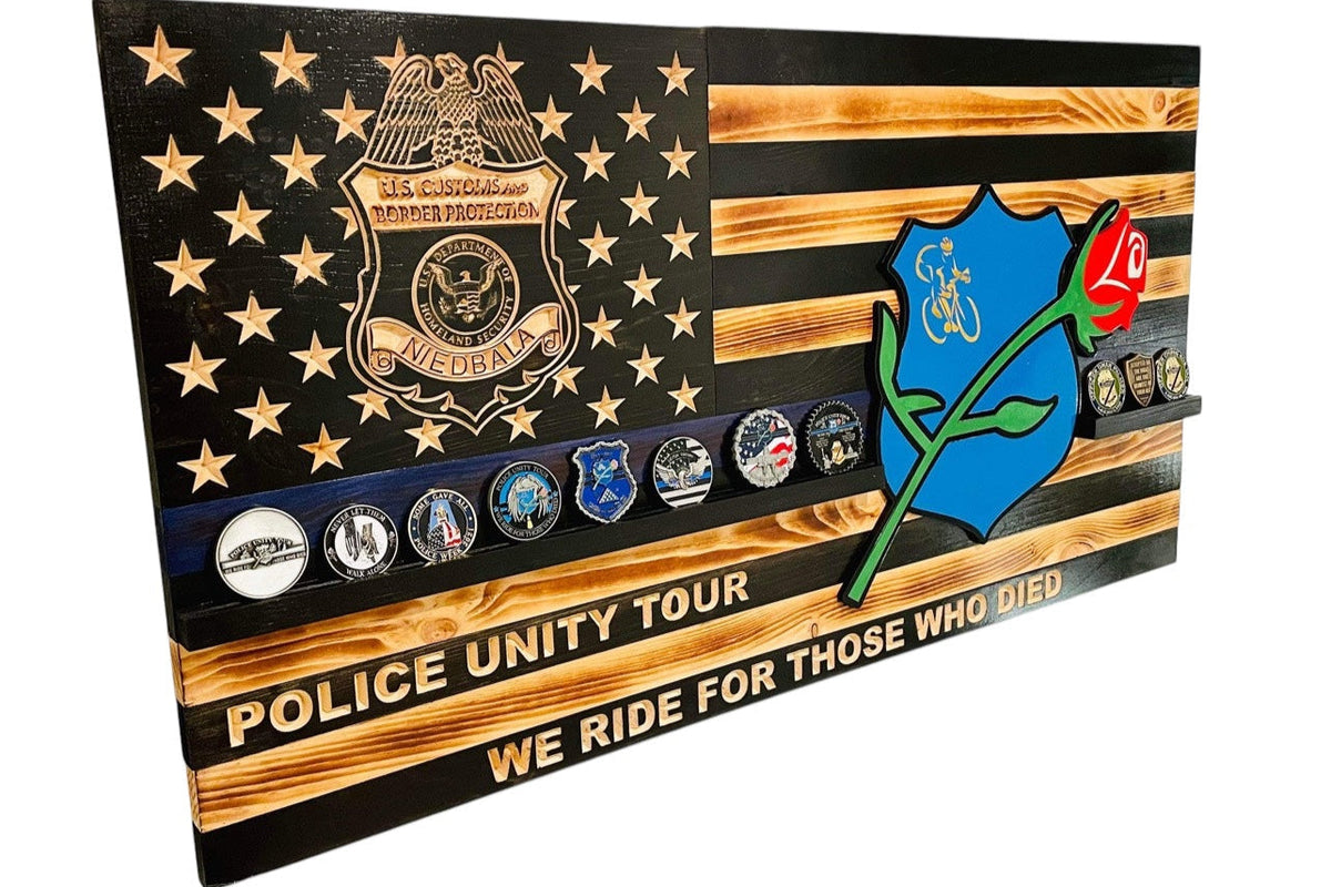 Personalized Police Challenge Coin Display Flag with Engraved Badge