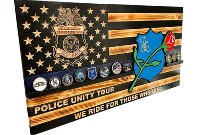Personalized Police Challenge Coin Display Flag with Engraved Badge
