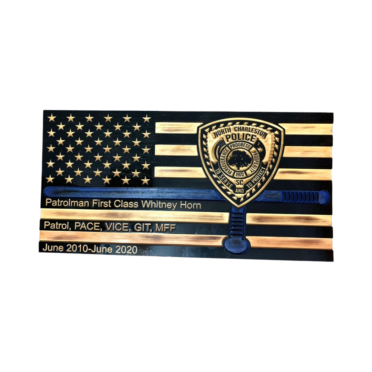 Custom Thin Blue Line Wooden Flag with Police Baton and Badge