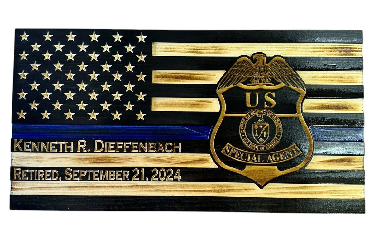 Personalized Thin Blue Line Police Flag with Engraved Badge