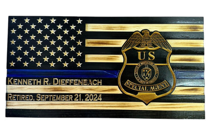 Personalized Thin Blue Line Police Flag with Engraved Badge