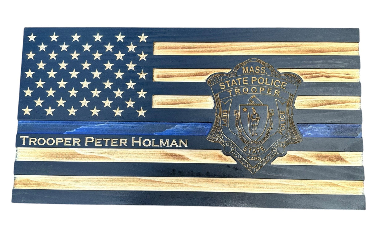 Personalized Thin Blue Line Police Flag with Engraved Badge