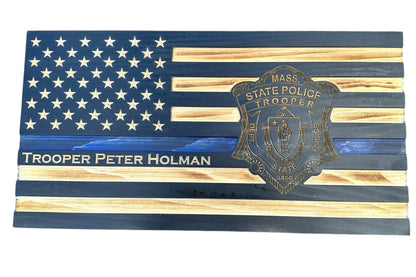 Personalized Thin Blue Line Police Flag with Engraved Badge