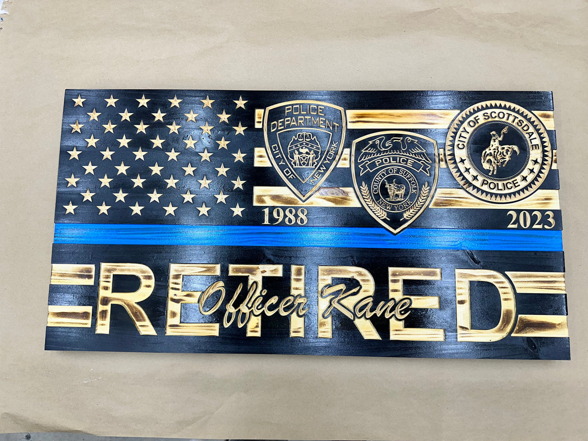 Personalized Police Retirement Wooden Flag with Engraved Badges