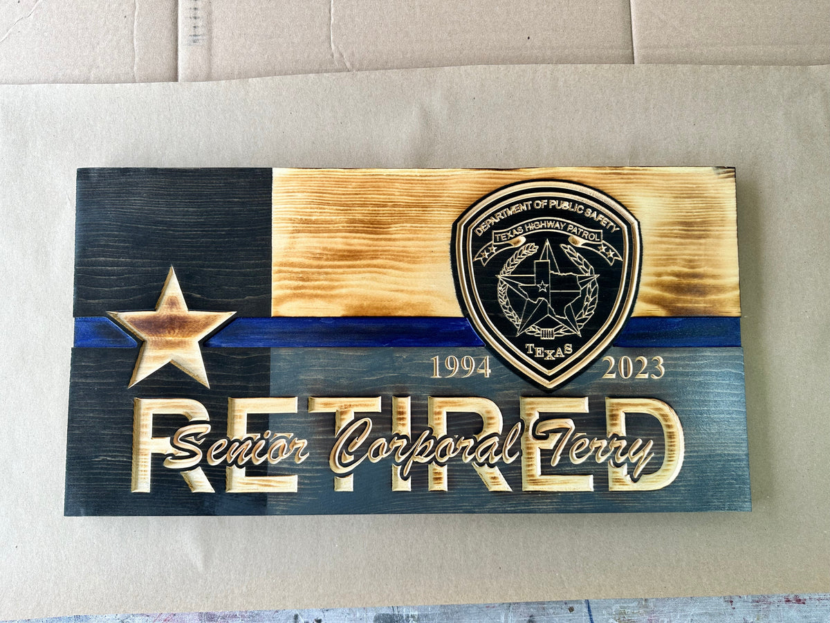 Personalized Police Retirement Wooden Flag with Engraved Badges
