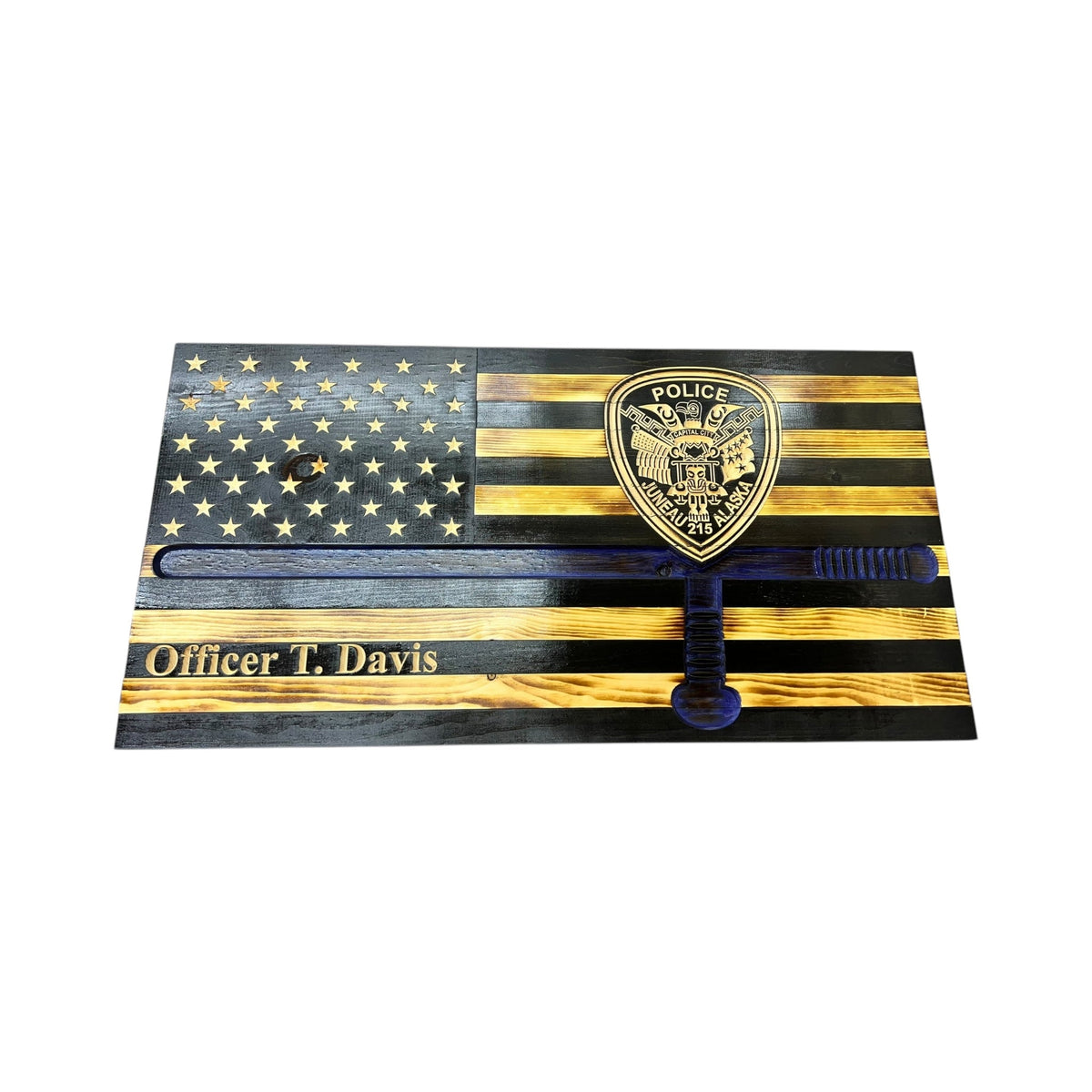 Custom Thin Blue Line Wooden Flag with Police Baton and Badge