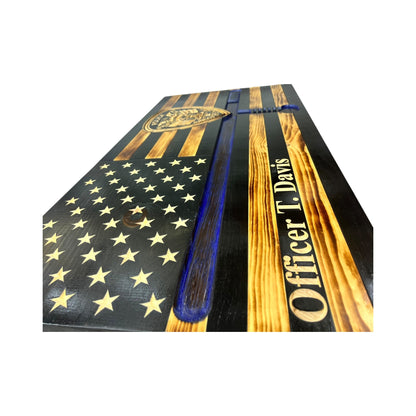 Custom Thin Blue Line Wooden Flag with Police Baton and Badge