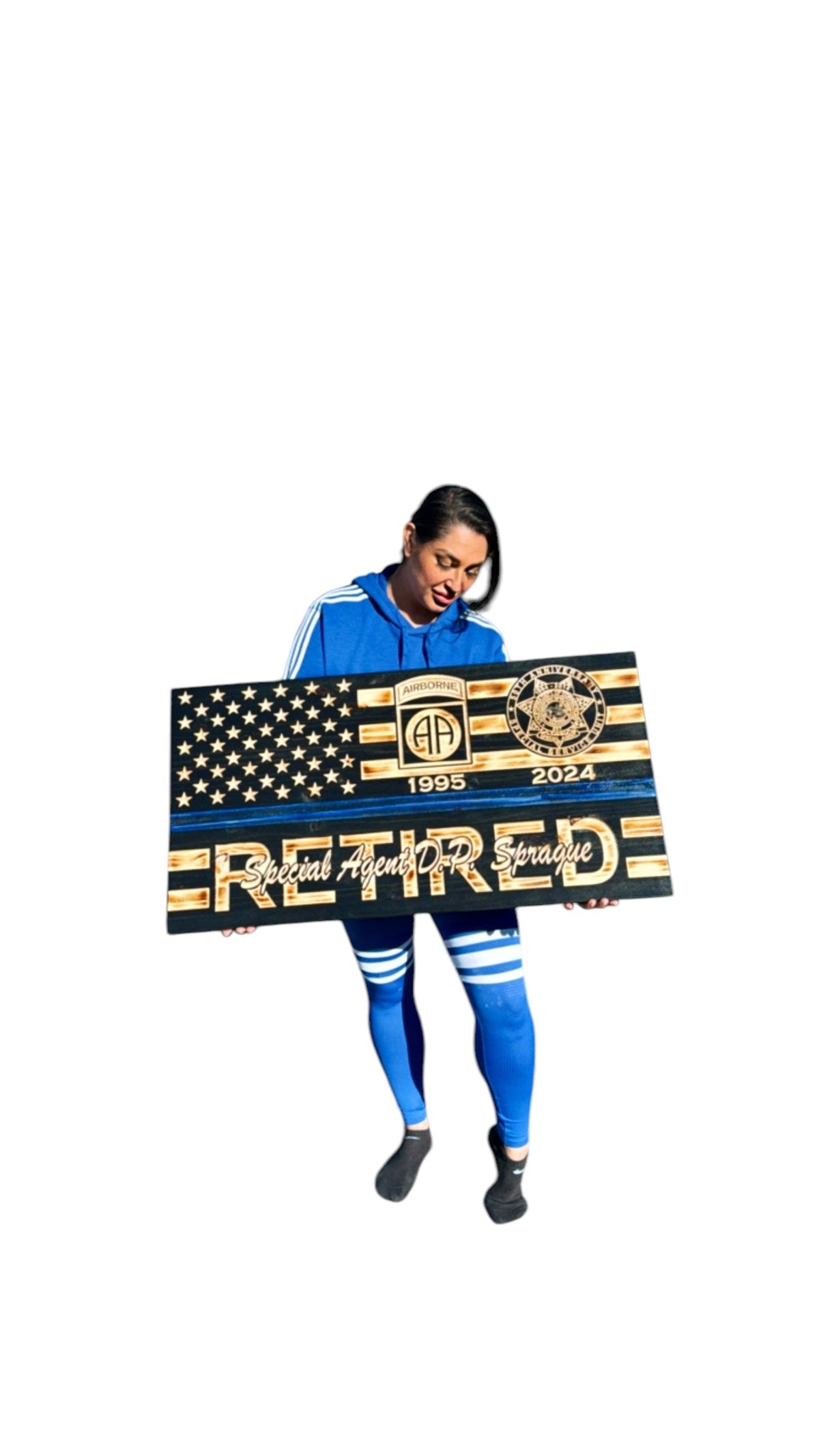 Personalized Police Retirement Wooden Flag with Engraved Badges