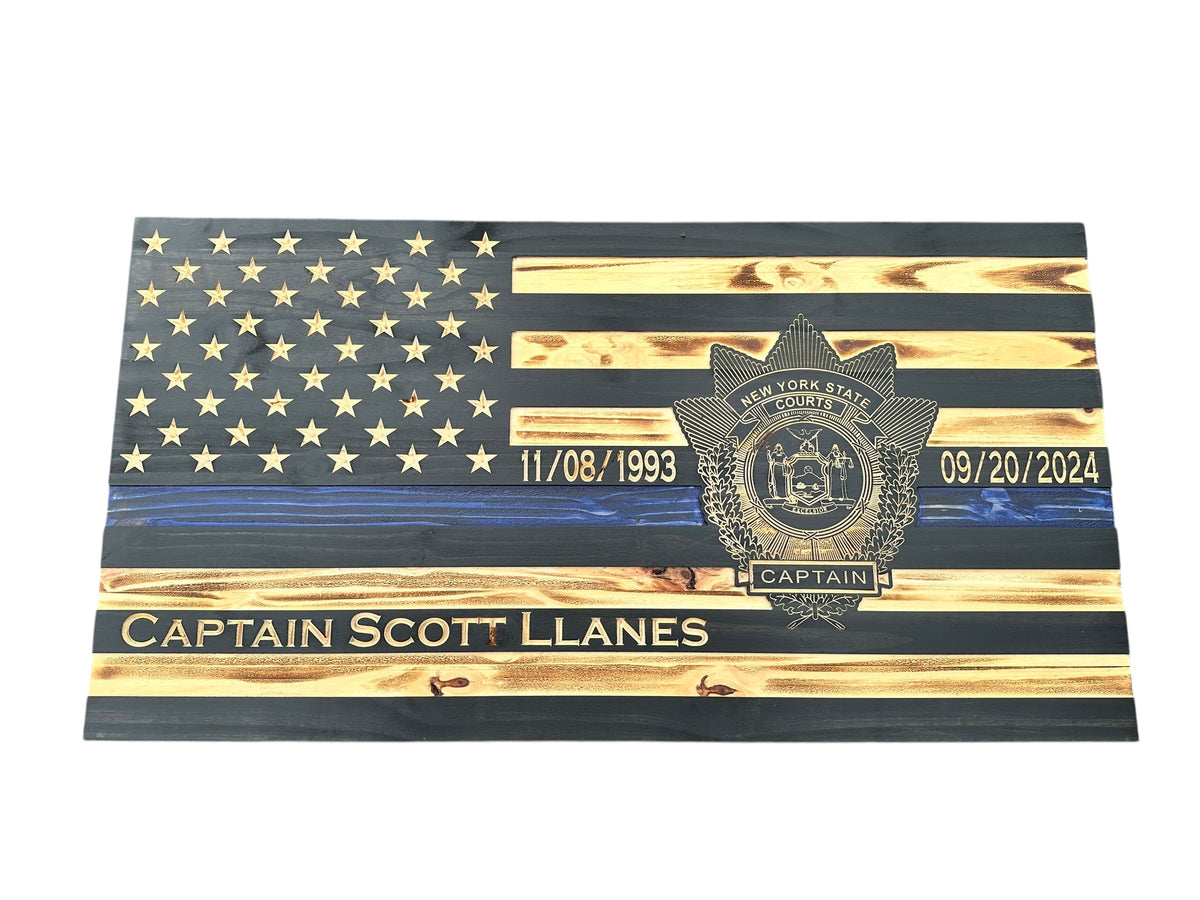 Personalized Thin Blue Line Police Flag with Engraved Badge