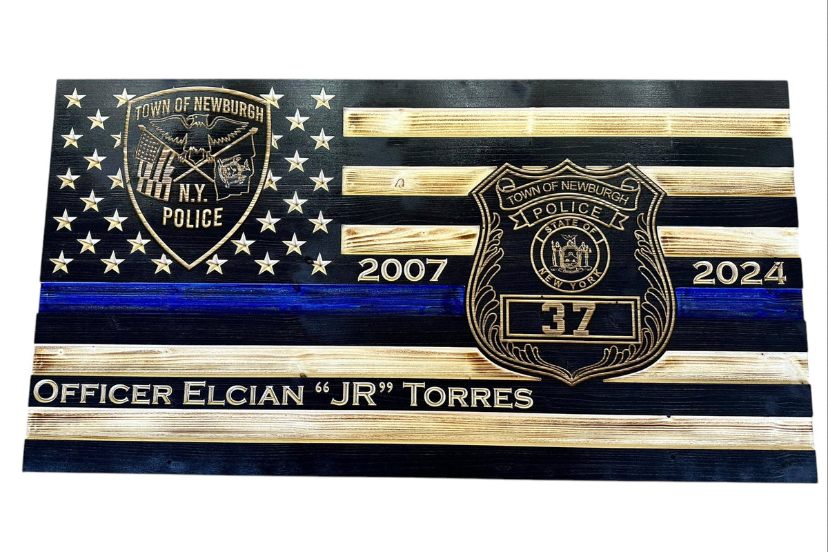 Personalized Thin Blue Line Police Flag with Engraved Badge