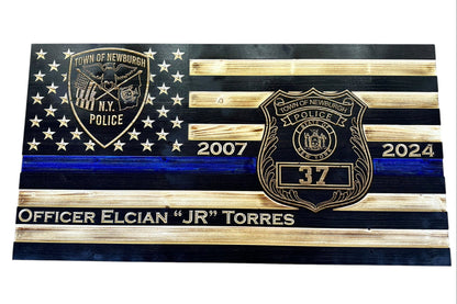 Personalized Thin Blue Line Police Flag with Engraved Badge