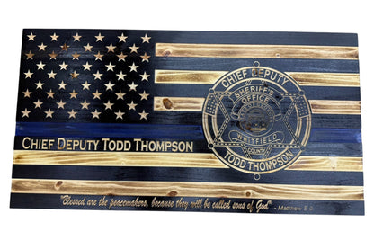 Personalized Thin Blue Line Police Flag with Engraved Badge