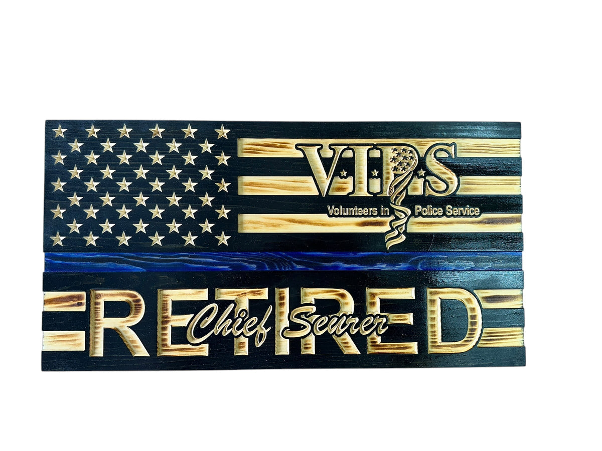 Personalized Police Retirement Wooden Flag with Engraved Badges
