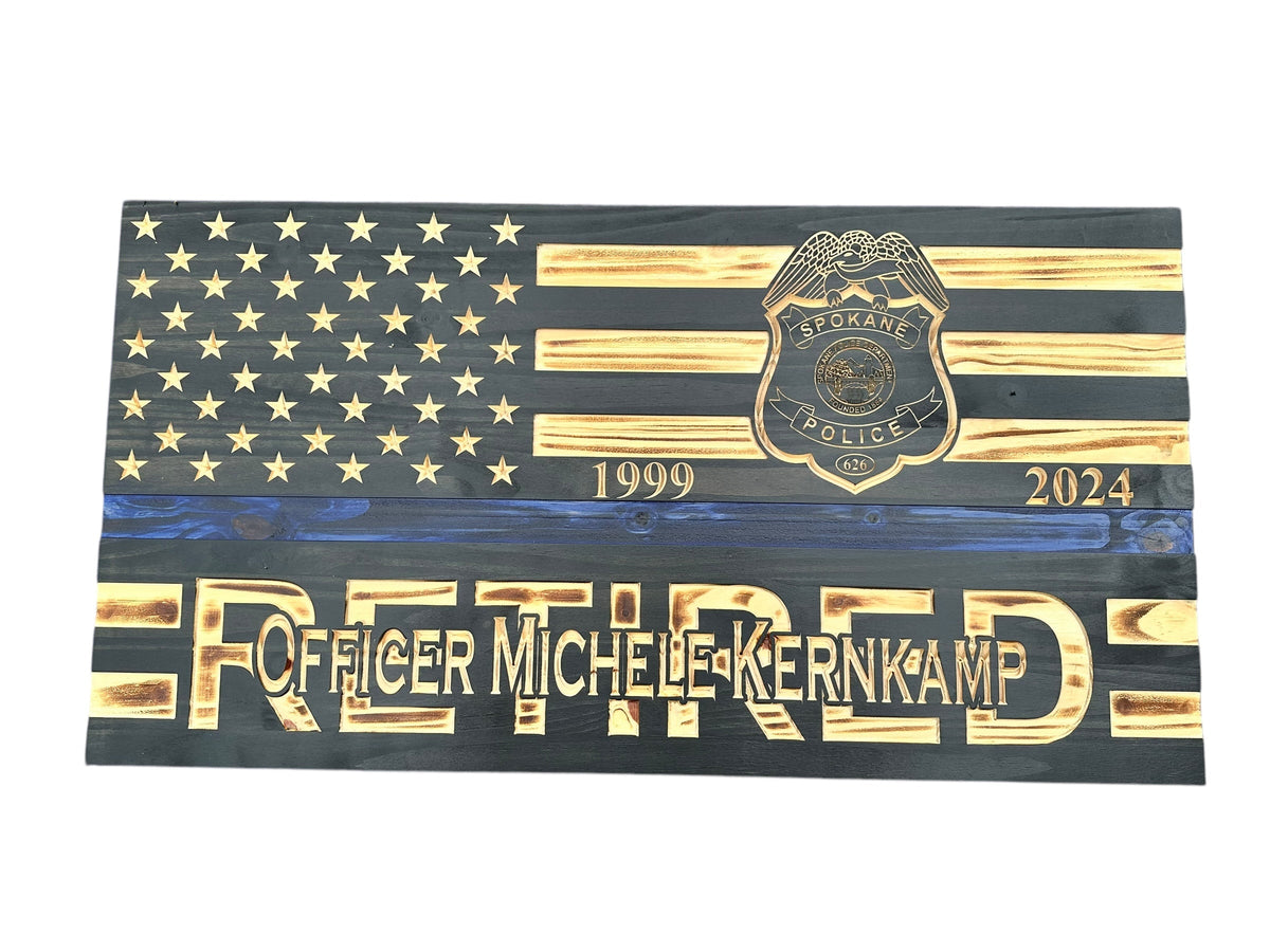 Personalized Police Retirement Wooden Flag with Engraved Badges