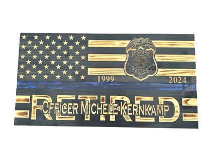 Personalized Police Retirement Wooden Flag with Engraved Badges