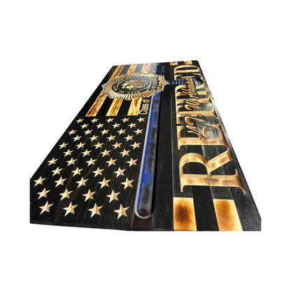 Custom Thin Blue Line Wooden Flag with Police Baton and Badge