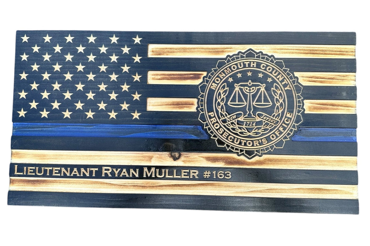 Personalized Thin Blue Line Police Flag with Engraved Badge