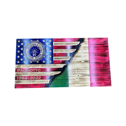 Custom Split Wooden American Flag with Engraved Badge