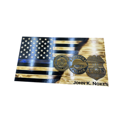 Custom Split Wooden American Flag with Engraved Badge
