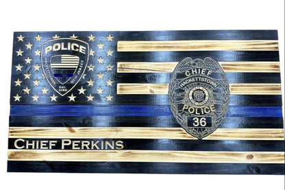 Personalized Thin Blue Line Police Flag with Engraved Badge