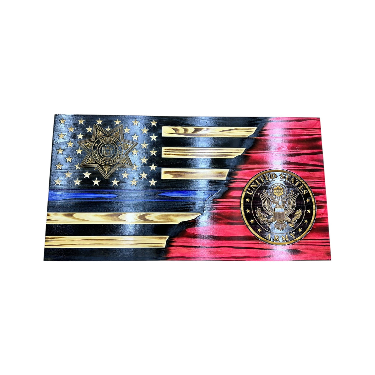 Custom Split Wooden American Flag with Engraved Badge
