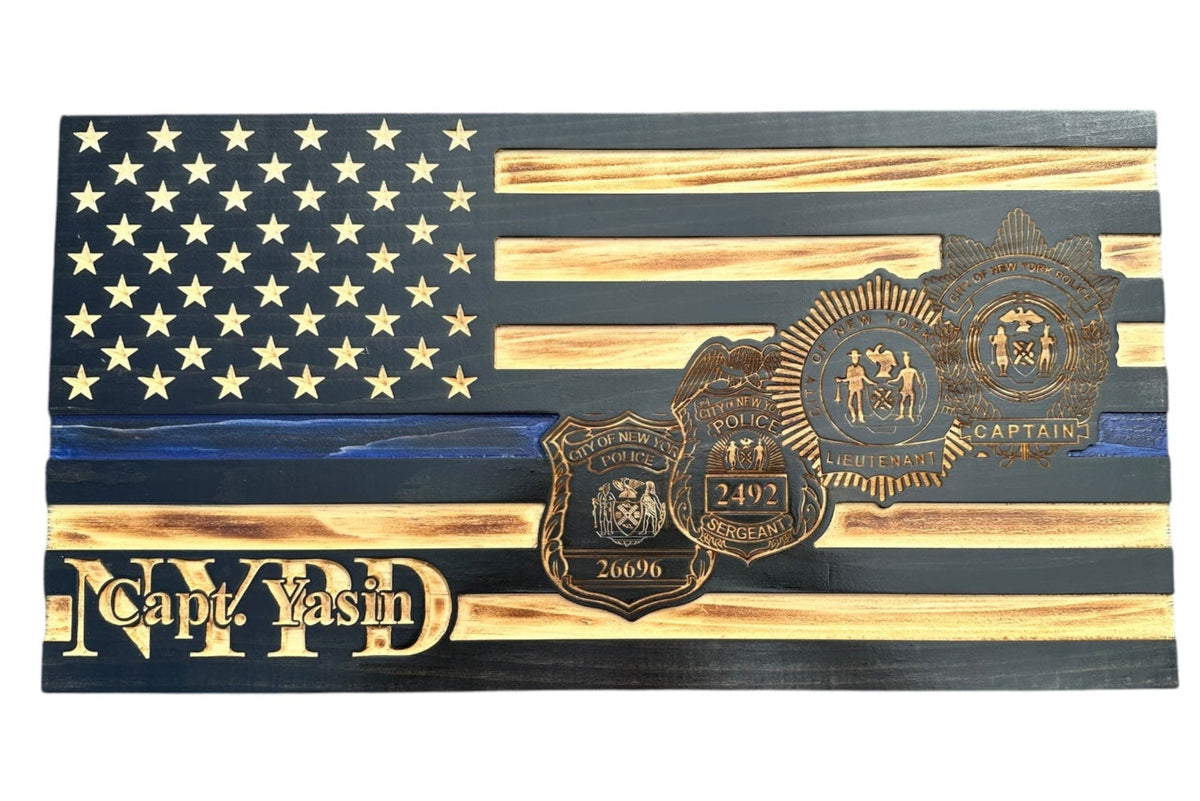 Personalized Thin Blue Line Police Flag with Engraved Badge