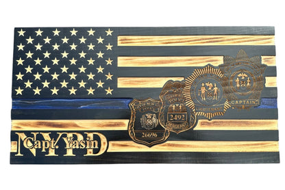 Personalized Thin Blue Line Police Flag with Engraved Badge