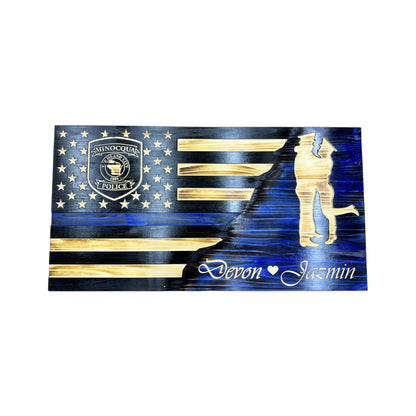 Custom Split Wooden American Flag with Engraved Badge