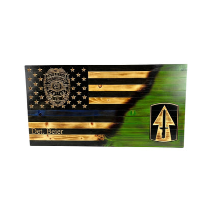 Custom Split Wooden American Flag with Engraved Badge
