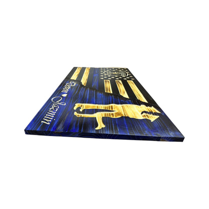 Custom Split Wooden American Flag with Engraved Badge