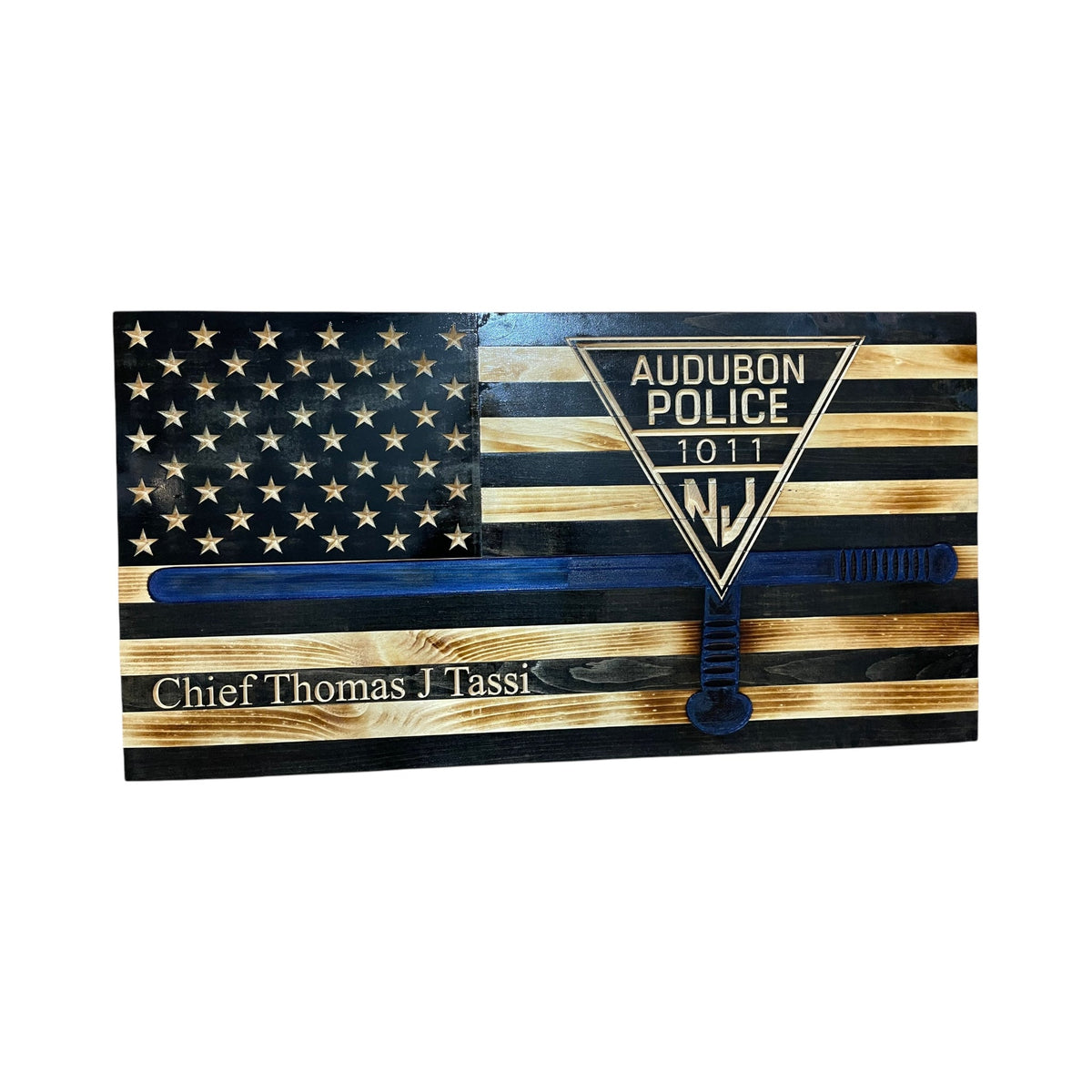 Custom Thin Blue Line Wooden Flag with Police Baton and Badge