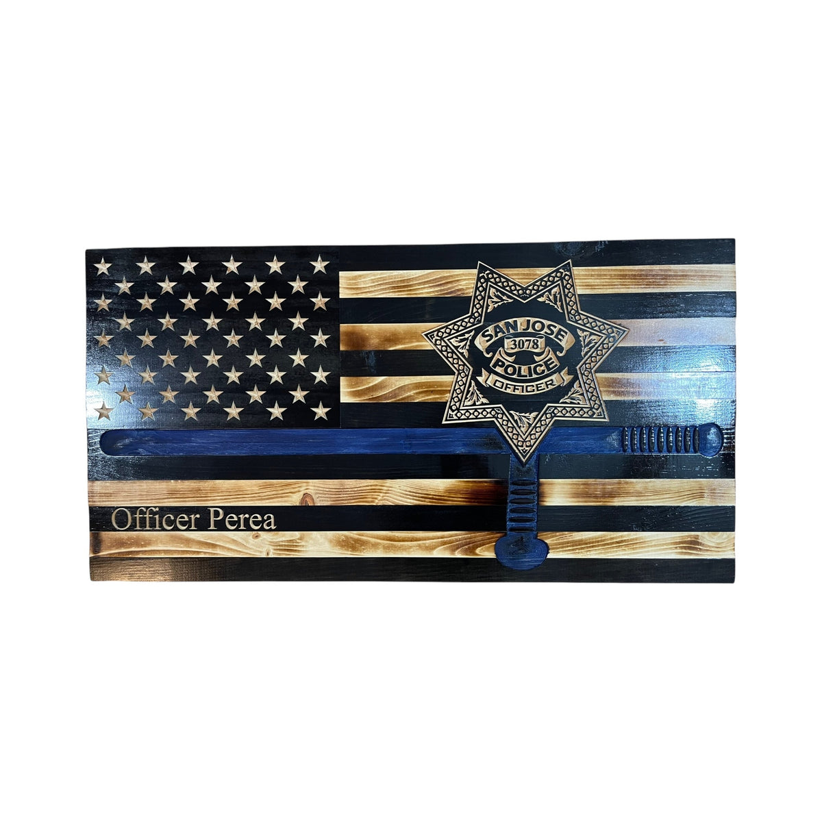 Custom Thin Blue Line Wooden Flag with Police Baton and Badge