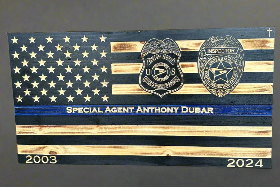 Personalized Thin Blue Line Police Flag with Engraved Badge
