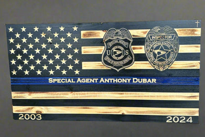 Personalized Thin Blue Line Police Flag with Engraved Badge