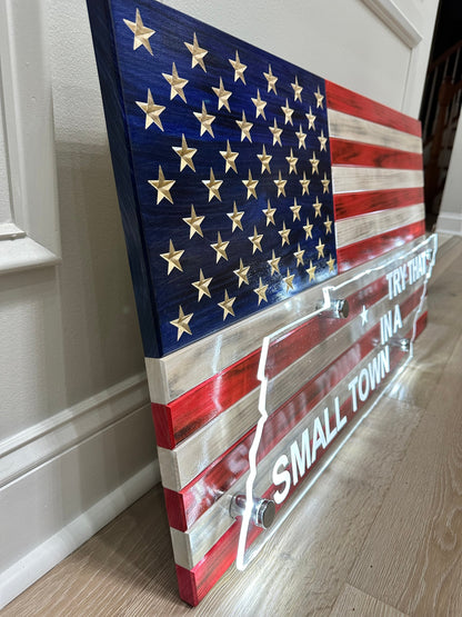 Custom Wooden American Flag with Acrylic State Cutout and LED Lighting