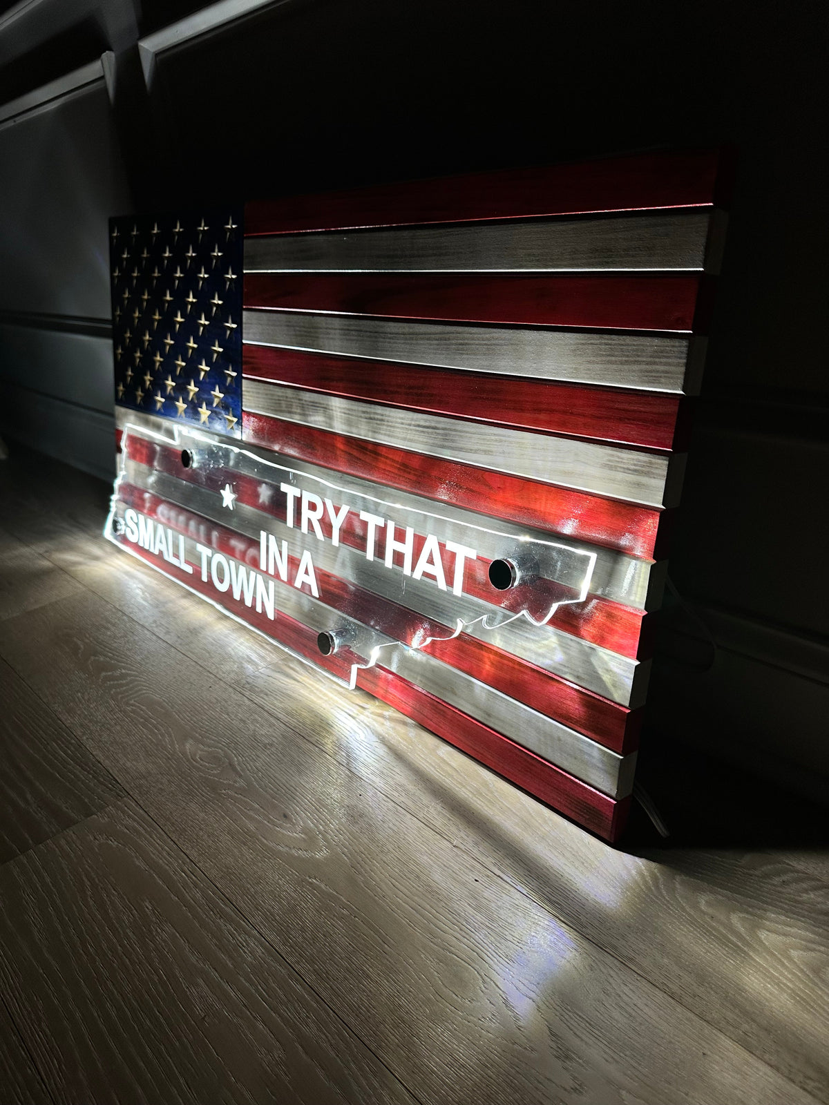 Custom Wooden American Flag with Acrylic State Cutout and LED Lighting