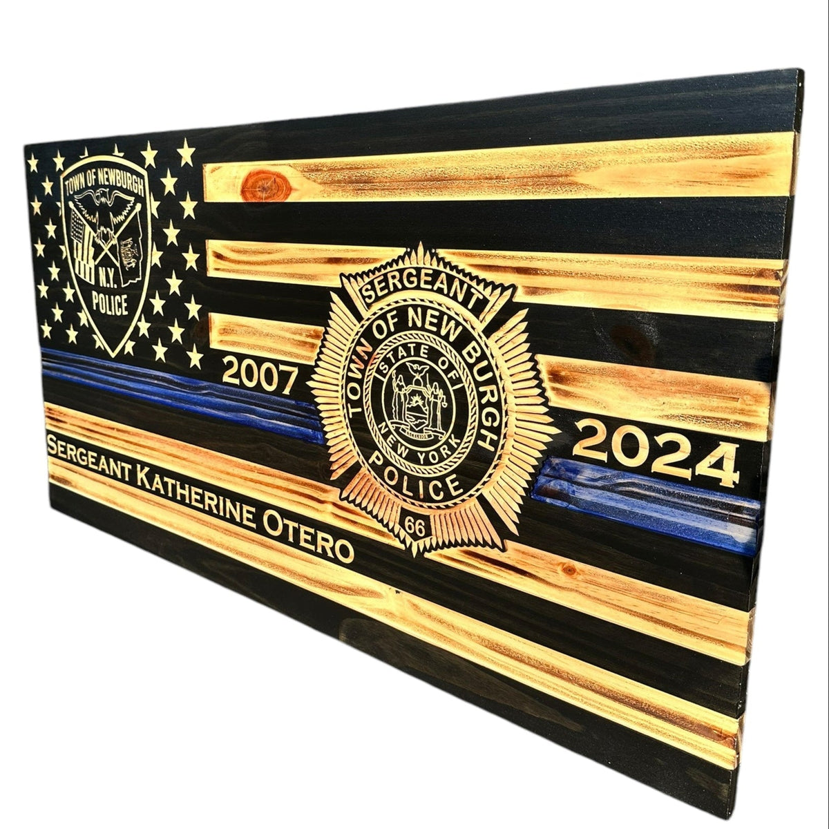 Personalized Thin Blue Line Police Flag with Engraved Badge