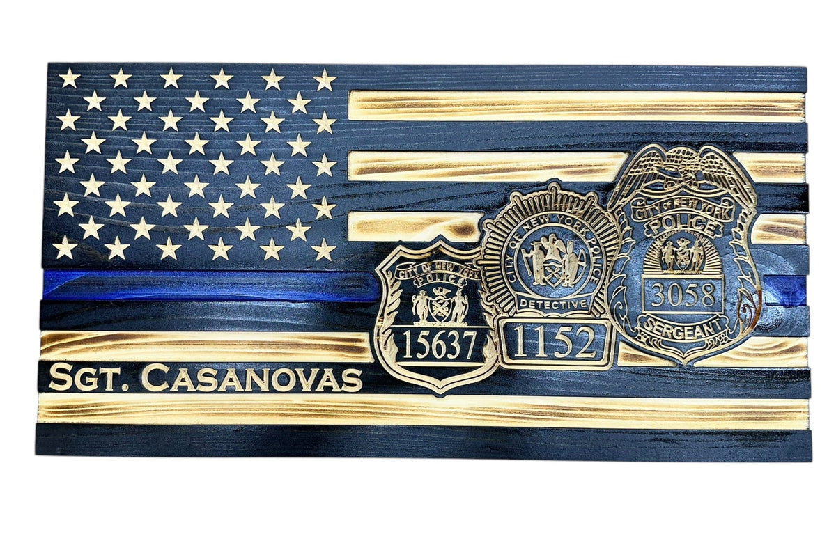 Personalized Thin Blue Line Police Flag with Engraved Badge