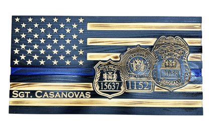 Personalized Thin Blue Line Police Flag with Engraved Badge
