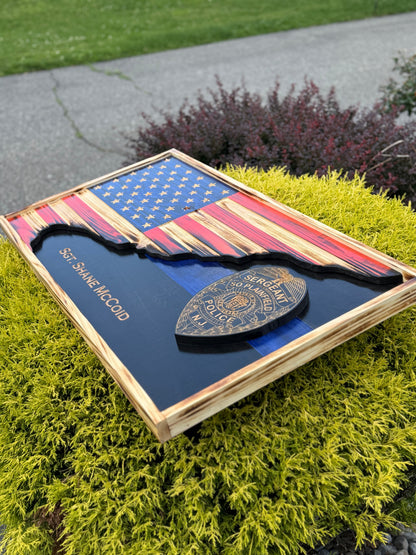 Custom 3D Thin Blue Line Police Flag with Engraved Badge