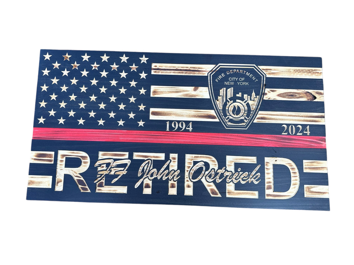 Personalized Police Retirement Wooden Flag with Engraved Badges