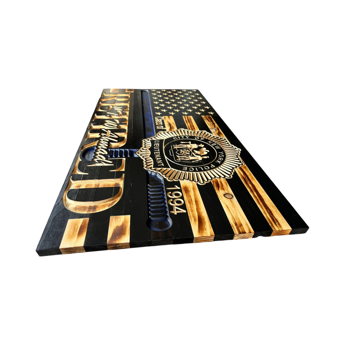 Custom Thin Blue Line Wooden Flag with Police Baton and Badge