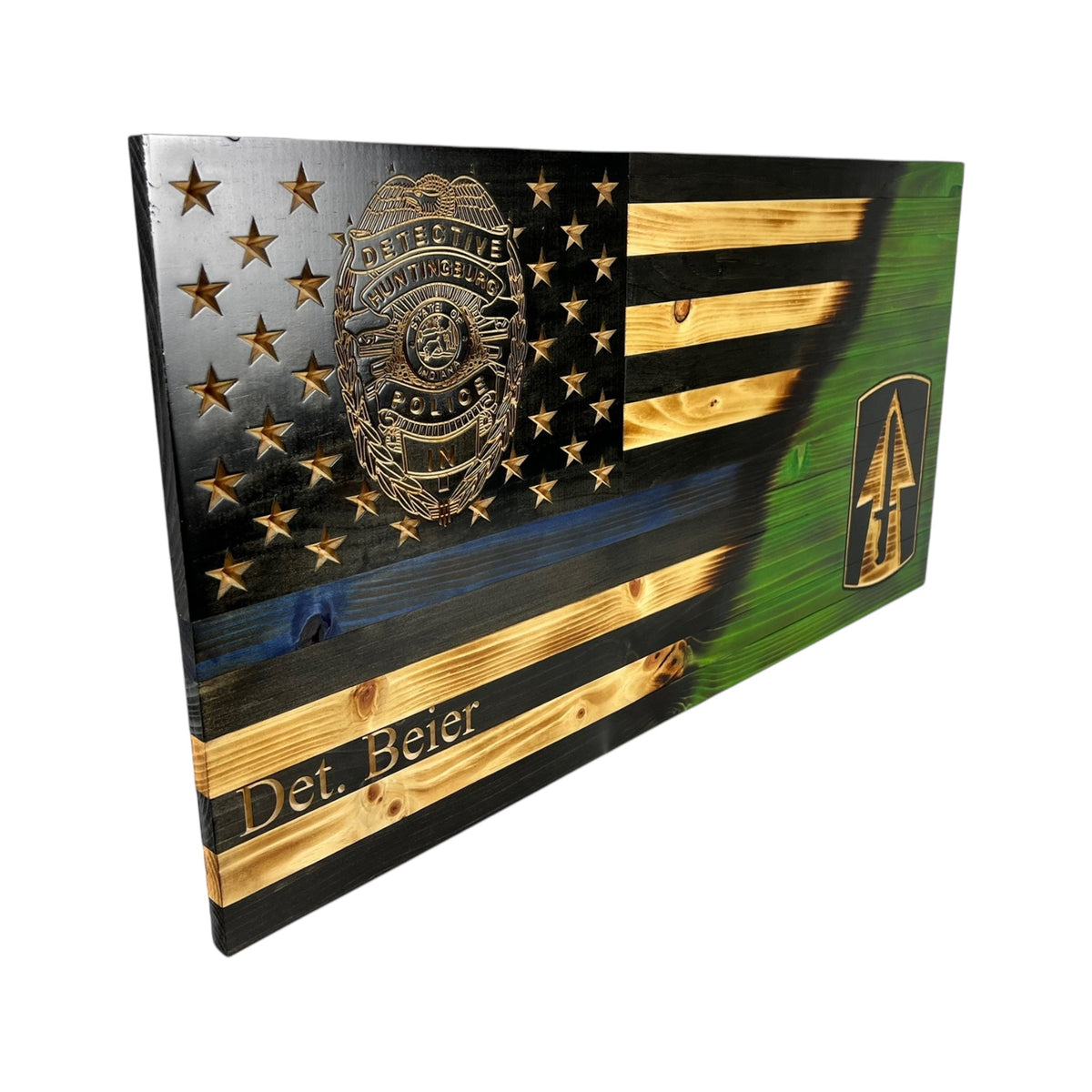 Custom Split Wooden American Flag with Engraved Badge