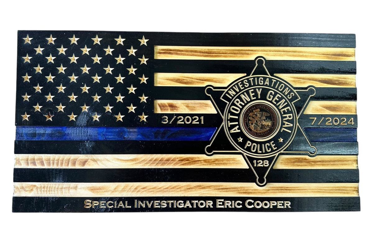 Personalized Thin Blue Line Police Flag with Engraved Badge