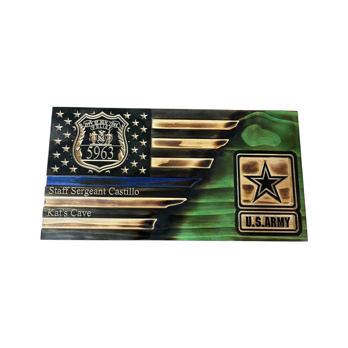 Custom Split Wooden American Flag with Engraved Badge